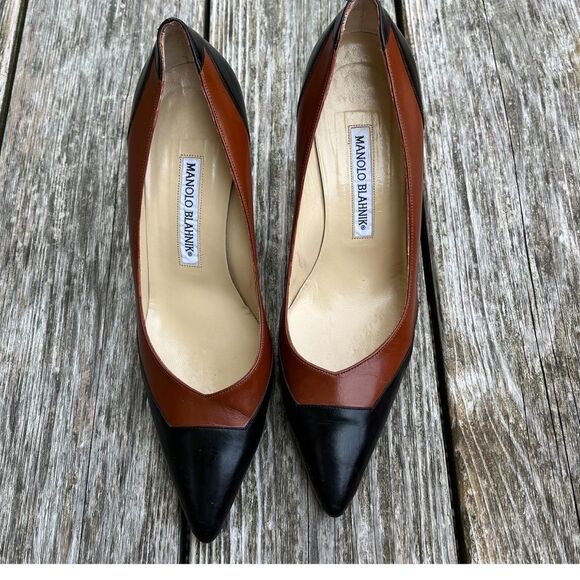 Manolo Blahnik Colorblock Leather Pumps in Black and Cognac Brown 37.5 - Picture 2 of 15